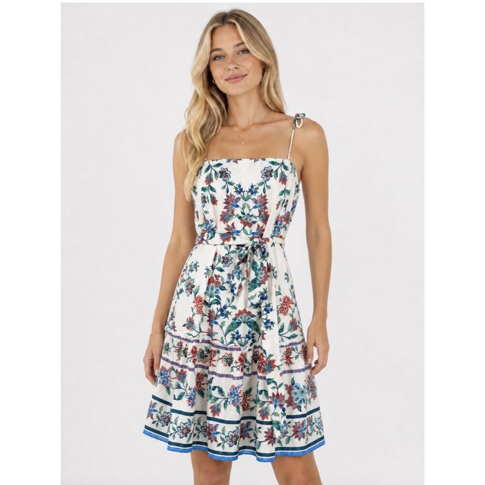 Julia Jordan Floral Sundress Tie Waist Cotton Sleeveless White Multi M NEW